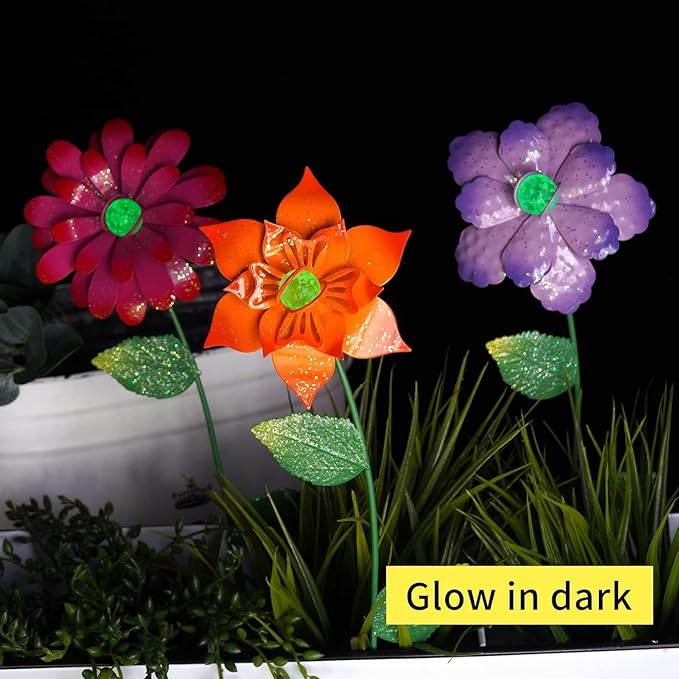 Floral Garden Stake Glow in Dark Plant Pick Water Proof Metal Flower Stick for Outdoor Garden Decor, Set of 3