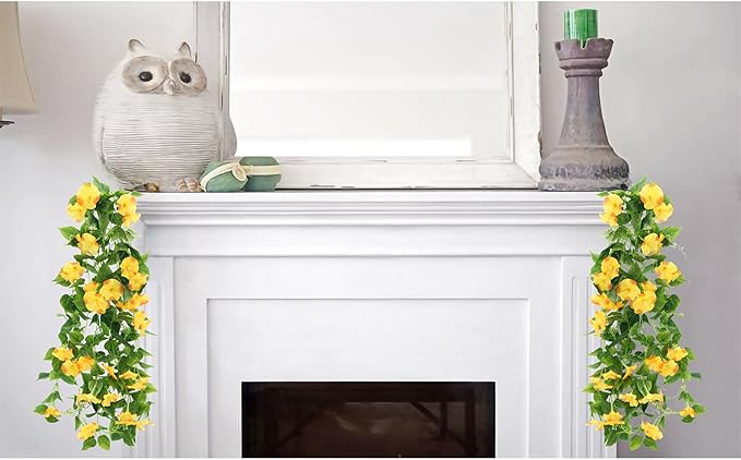 FERIAL Artificial Vines 15Feet Silk Flower Garland for Outdoors Yellow Morning Glory Vine Artificial Flowers Hanging Plants Garland Fake Green Plant 2Pcs for Wall Fence Indoor Wedding Banquet Decor