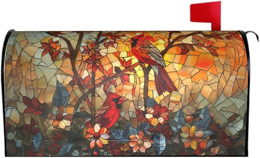 Giwawa Stained Glass Cardinal Birds Mailbox Covers Magnetic for Fall Mailbox Cover Autumn Mail Box Covers Standard Size 18 x 21 Thanksgiving Decorations Outdoor Welcome Mailbox Wrap
