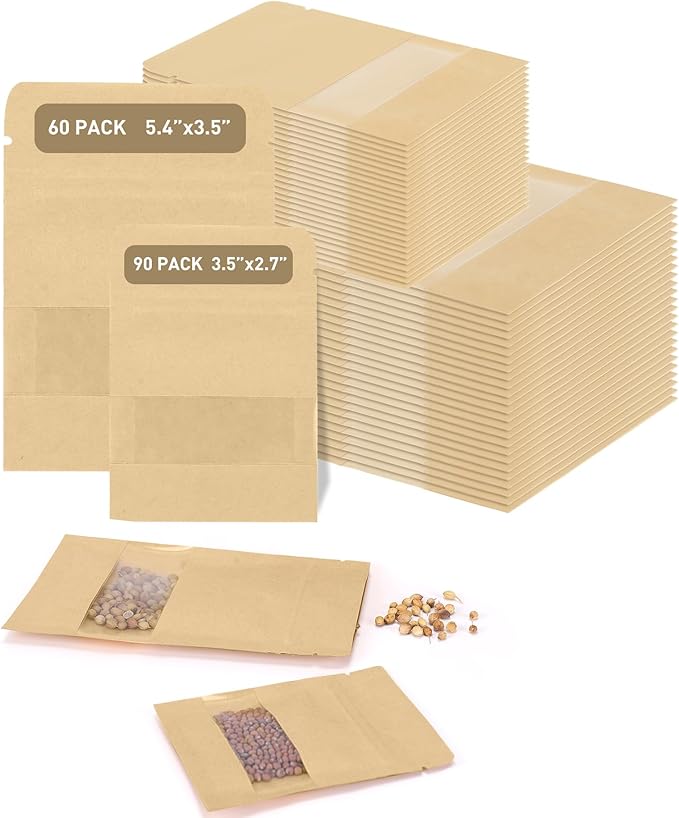 150 Pack Seed Packet Envelopes Resealable with Clear Window – 2.8 x 3.5" 90 Pack and 3.5 x 5.4" 60 Pack, Gardening Seeds Saving Storage Bags for Plant Specimens, Jewelry, Dried Herbs, Samples