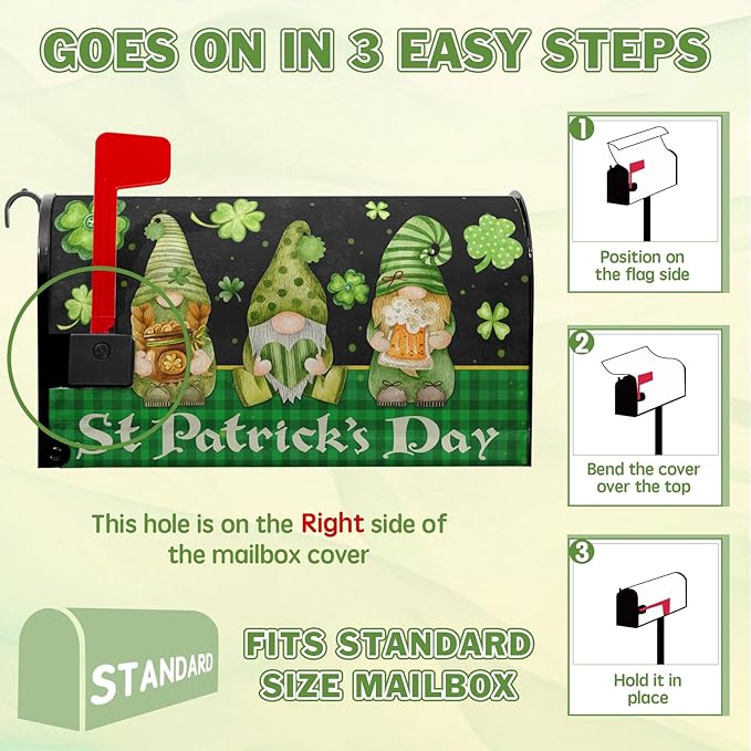 St Patricks Gnomes Mailbox Cover - Shamrock Mailbox Covers Magnetic Standard Size 21x18 in -Decoration for Garden - Green Clover