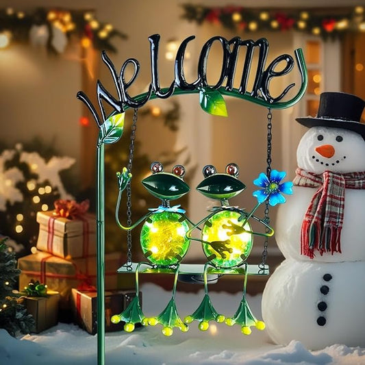 HONGLAND Solar Lights Outdoor Waterproof, Frog Swing Garden Decor, Frog Decorative Stake with Welcome Sign Landscape Patio Yard Gifts for Women Mom (48 inch)