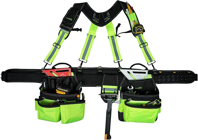 MELOTOUGH Reflective Safety Tool Belt with Suspenders Hi Vis Tool Bag Suspenders Tool Belt Construction Heavy Duty Work Suspension Rig (Hi Viz Lime)