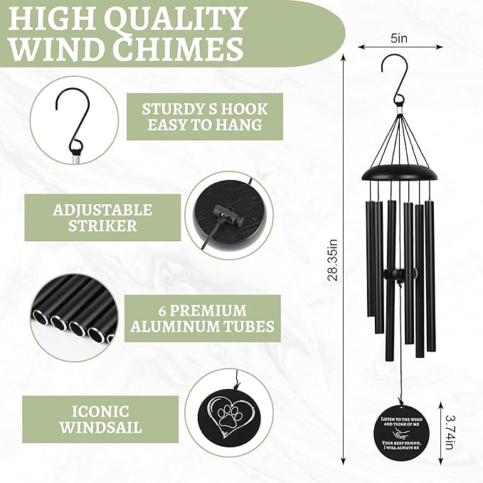 Dog Memorial Gifts, Dog Memorial Wind Chime, Pet Loss Sympathy Gift, Bereavement Gift & Passing Away Remembrance Memory Garden 28" Black