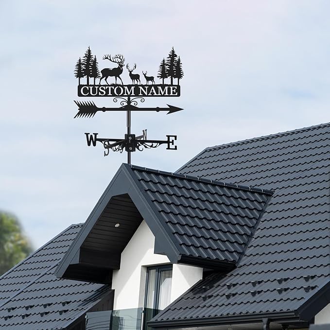 Personalized Deer Metal Weather Vane, Custom Family Name Weathervane, Wind Direction Indicator, Weather Vanes Roof Mount, Wind Vane Outdoor Decor for Farmhouse Garden Shed, Housewarming Gifts