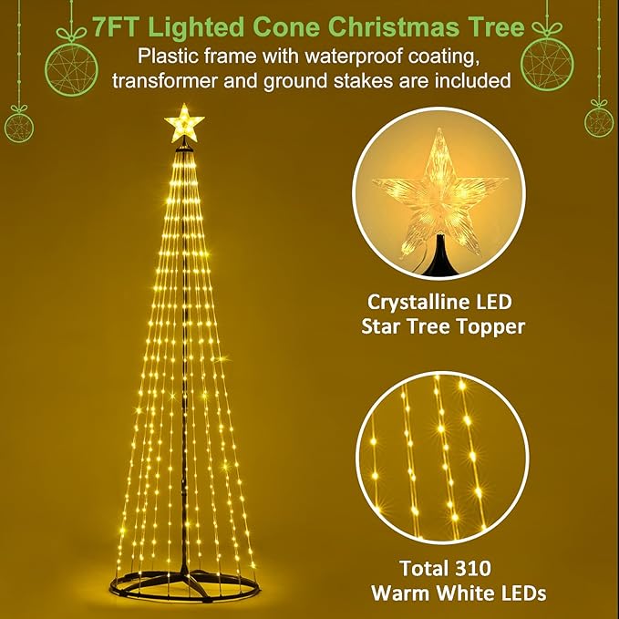 7 ft Lighted Outdoor Christmas Tree, 310 LEDs Pre-lit Christmas Cone Tree with Star Topper for Indoor and Outdoor Holiday Decorations (Warm White)