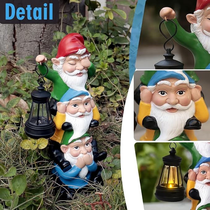 Funny Garden Gnome Statues with Solar Lights Outdoor Decorations, Triple Gnome Statues Unseen Unheard Unspeak Sculptures Outdoor Patio Lawn Yard Garden Decor Housewarming Gifts