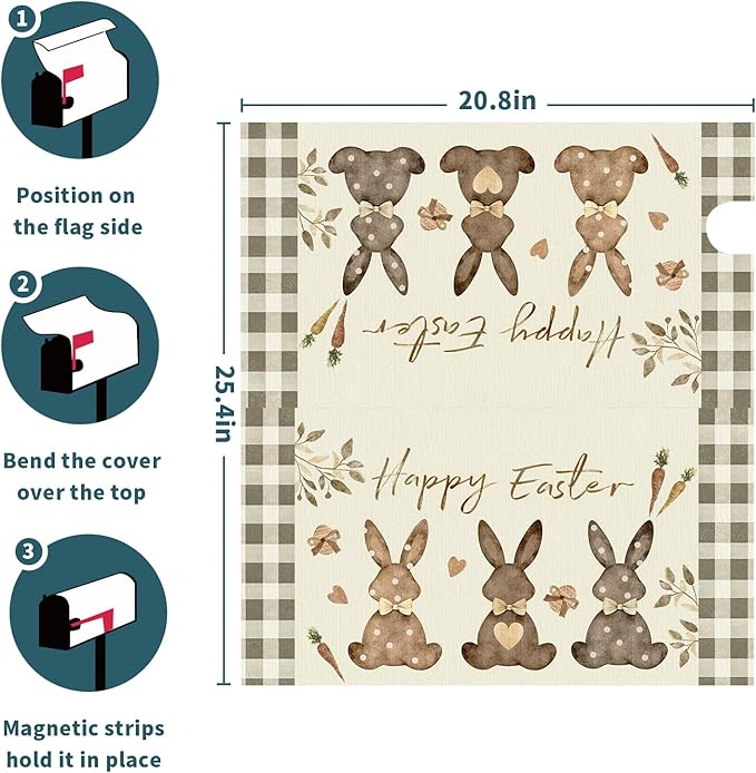 Happy Easter Mailbox Cover, Magnetic Large Size 25.5x21 Inches, Spring Bunny Rabbits Egg Carrot Mailbox Wrap Post Cover with Buffalo Plaids for Garden Yard Outdoor Home Decor