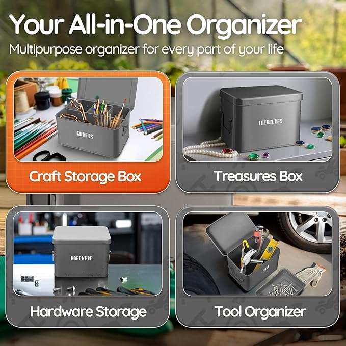 Flexzion Tin Storage Box with Removable Tray, 8 Inch Seed Organizer Box and Metal Seed Holder Organizer with Hinged Lid, Toolbox Container for Crafts, Hardware, Tools, Essentials, Gray