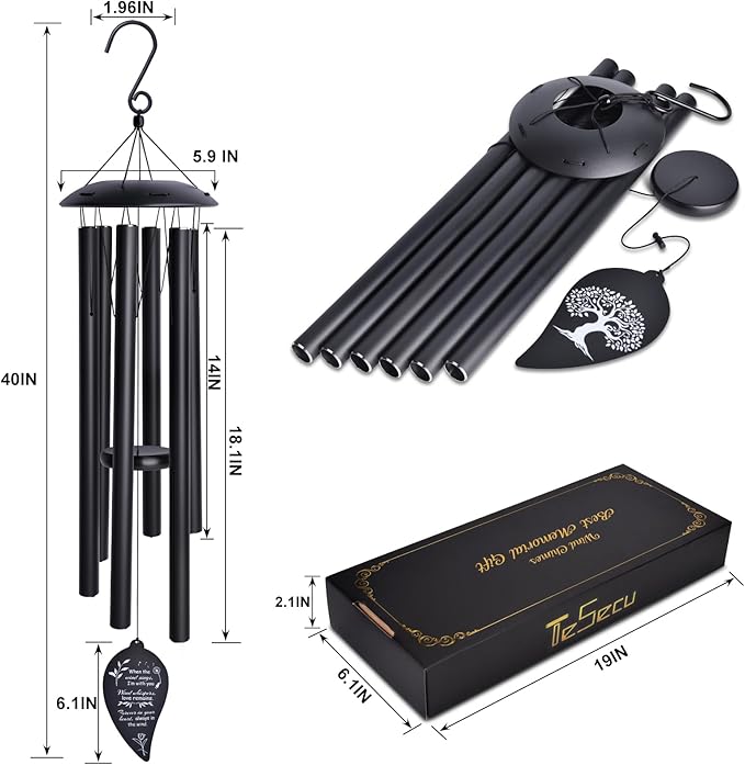 40" Deep Tone Memorial Wind Chimes for Outside, Hand-Tuned Pentatonic Scale Wind Chimes for Garden, Sympathy Gift for Loss of Loved One, Outdoor Souvenir Mother, Black Modern Elegant Design