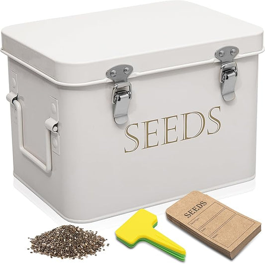 Garden Seed Storage Box with Dividers Seeds Packet Organizer Case for Gardening 3 Inner Slot Bird Plant or Vegetable Seed Container Saver Tin – White Galvanized Metal with Envelopes & Labels