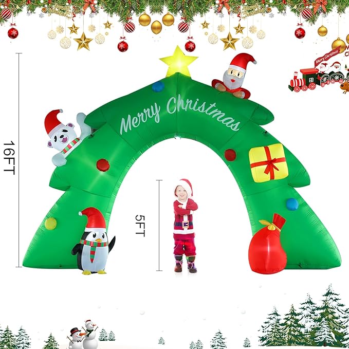 16FT Christmas Tree Arch Inflatable Christmas Decoration with LED Lights and Kaleidoscope Lights for Holiday Celebration Decorations on Yard, Lawn and Patio