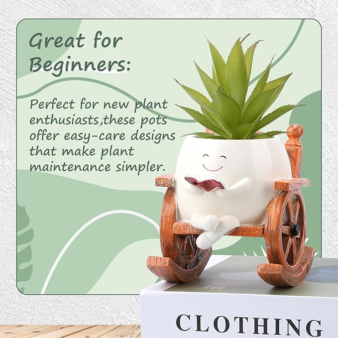 Smily Face Planter Pot, Cute Resin Flower Head Planters for Indoor Outdoor, Unique Sitting Rocking Chairs Succulent Pots, Cute Plant Gifts for Plant Lovers