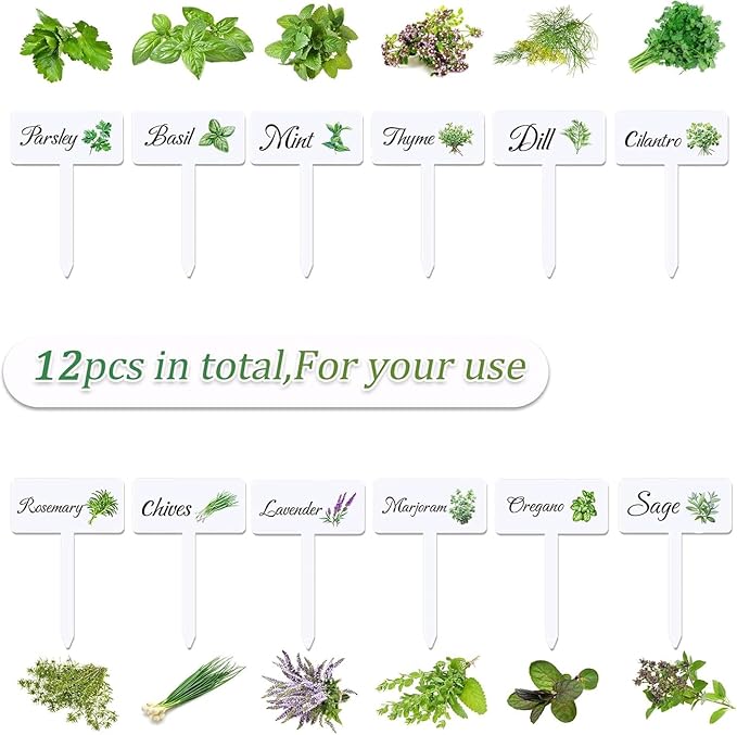 12Pcs Herb Garden Signs - 12 Styles Plant Labels for Outdoor Acrylic Markers - Waterproof Reusable Stakes Tags With Names for Vegetables Indoor Outdoor Decoration