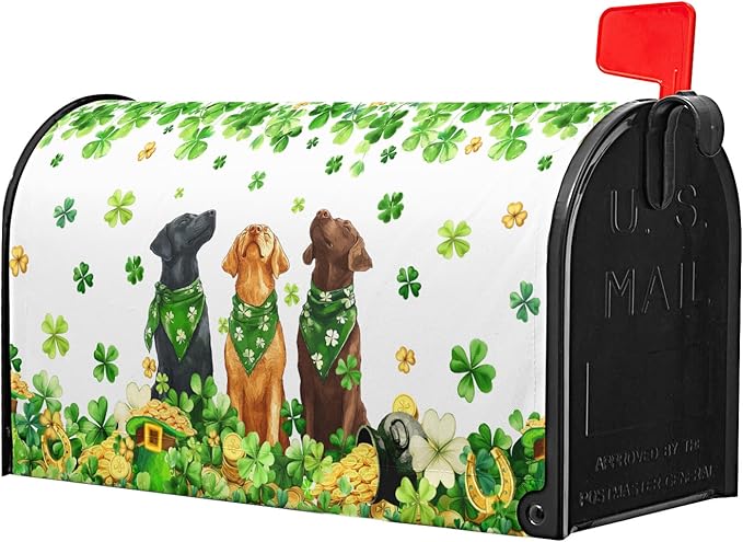 St. Patricks Day Mailbox Cover Magnetic, 25.5"x21" Patrick Dog Lucky Clover Elf Hat Mailbox Wrap, Spring Shamrocks Large Size Waterproof Letter Post Cover for Garden Yard Outdoor Decor