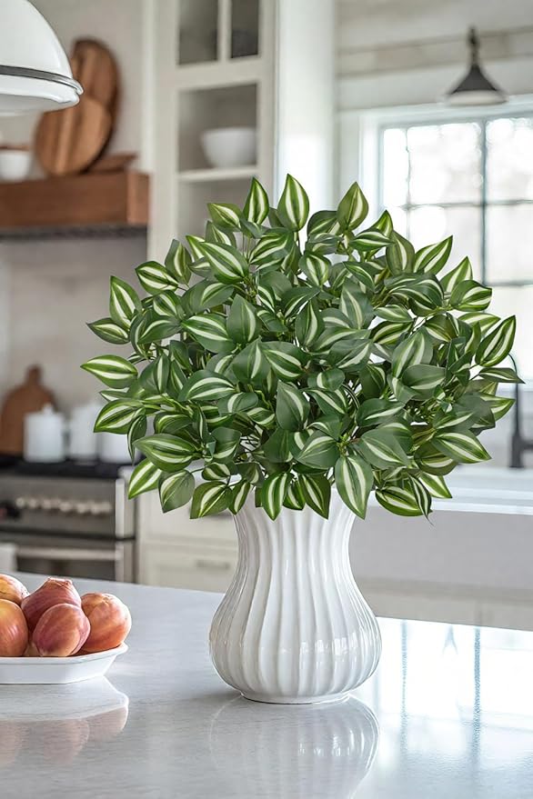 Hollyone 5 Bundles Artificial Greenery Plants Stems Faux Wandering Jew Leaves Plant Bouquet Fillers for Arrangement, Fake Shrub Bushes Plants for Home Centerpiece Indoor Outdoor Garden Patio Porch