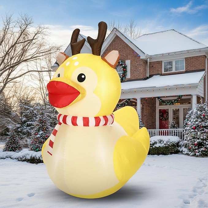 Leyndo 5ft Christmas Inflatables Decoration Outdoor Inflatables Duck with Build-in LEDs Lights Giant Blow up Duck Wear Christmas Reindeer Costume for Mall Garden Patio Lawn Indoor Party