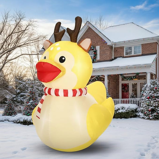 Leyndo 5ft Christmas Inflatables Decoration Outdoor Inflatables Duck with Build-in LEDs Lights Giant Blow up Duck Wear Christmas Reindeer Costume for Mall Garden Patio Lawn Indoor Party