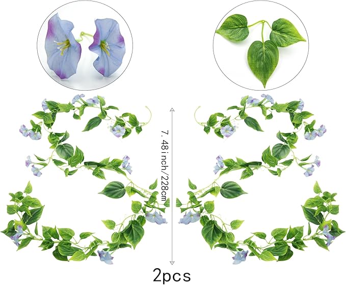 FERIAL Artificial Vines 15Feet Silk Flower Garland for Outdoors Blue Morning Glory Vine Artificial Flowers Hanging Plants Garland Fake Green Plant 2Pcs for Wall Fence Indoor Wedding Banquet Decor