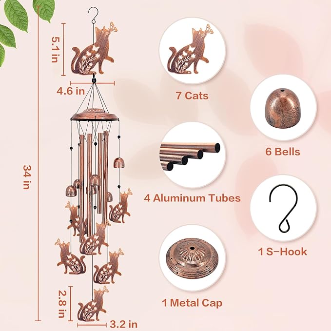 Cat Wind Chimes for Outside,Cat Gifts for Women Men/Memorial Gift/Birthday Gifts/Metal windchimes Outdoors/Indoors,Garden Decor,Patio,Home,Porch,Yard Decorations