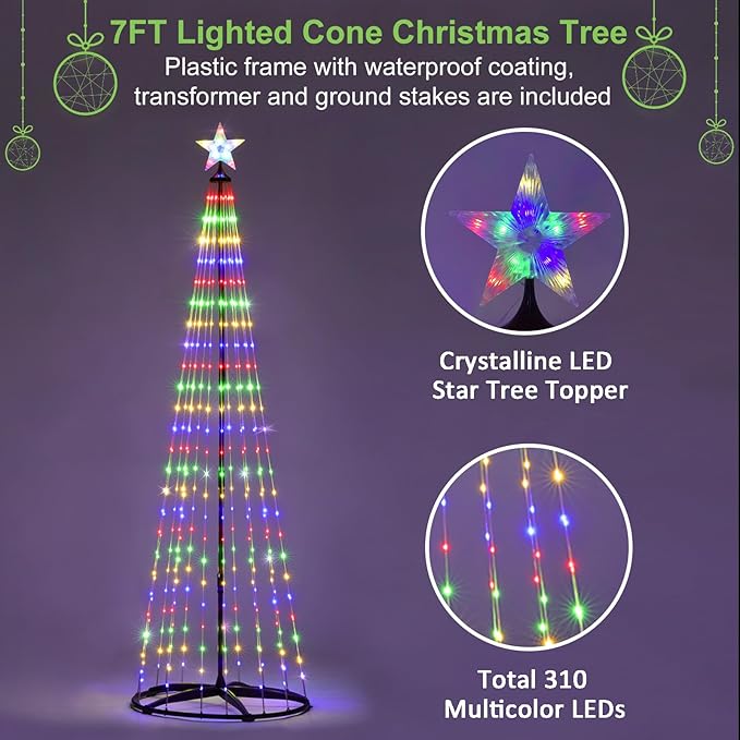 7 ft Lighted Outdoor Christmas Tree, 310 LEDs Pre-lit Christmas Cone Tree with Star Topper for Indoor and Outdoor Holiday Decorations (Multi Color)