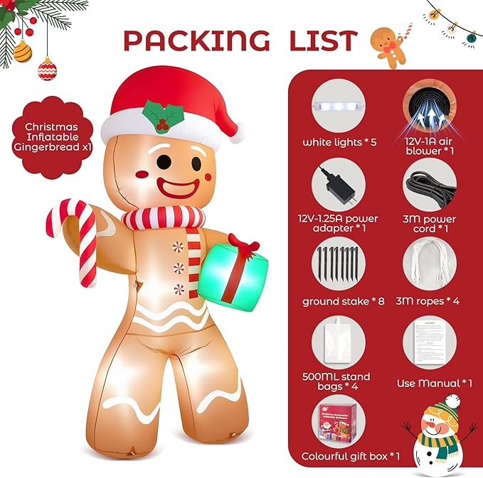 Christmas Inflatable Gingerbread Man, Blow Up Holiday Party Decor with Build-in LED Lights, Waterproof Inflatable Christmas Decorations for Outdoor Roof Yard Lawn Garden Indoor (Brown, 8FT)