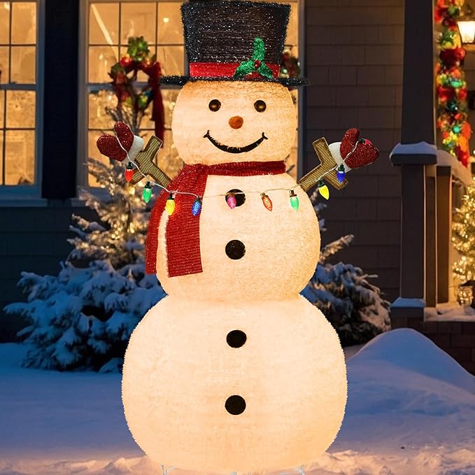 5ft Lighted Pop-Up Snowman, Large Outdoor Christmas Snowman Decoration with 200 LED Lights, Hat, Scarf, Multicolored Lights, for Christmas Yard and Outdoor Display (Batteries Not Included)