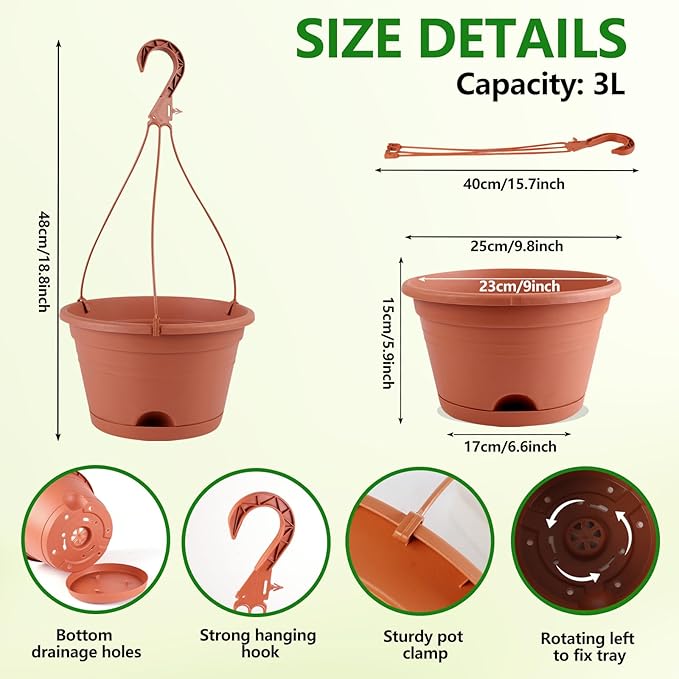 4 Pack Hanging Planters, 10 Inch Plant Pots with Hanger Chain & Drainage Trays, Hanging Baskets for Plants Outdoor Indoor, Flowers Pots for Home, Garden, Porch Decor (Brick Red)