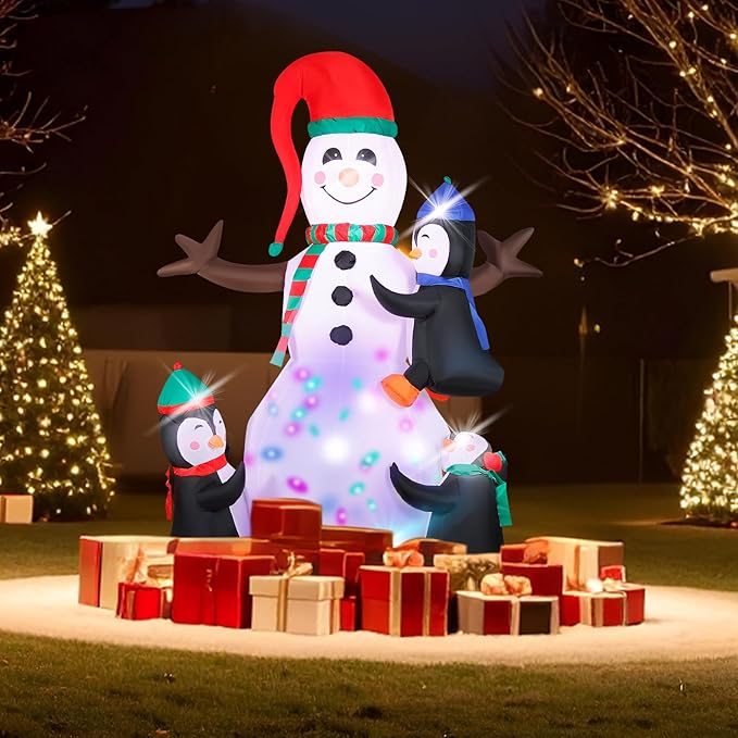 7FT Christmas Inflatable Snowman with 3 Penguins & Multi-Color LED Lights, Blow Up Outdoor Yard Decoration, Animated Winter Holiday Decor for Garden, Lawn, Xmas Party