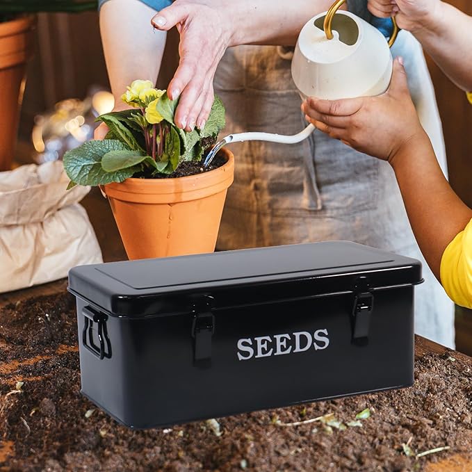 Garden Seed Box, Black Metal Seed Storage Box, Seed Storage Organizer Case with 4 Dividers, Seeds Packet Container for Gardening, Seed Envelope Storage Box with Portable Handle & Safety Lock