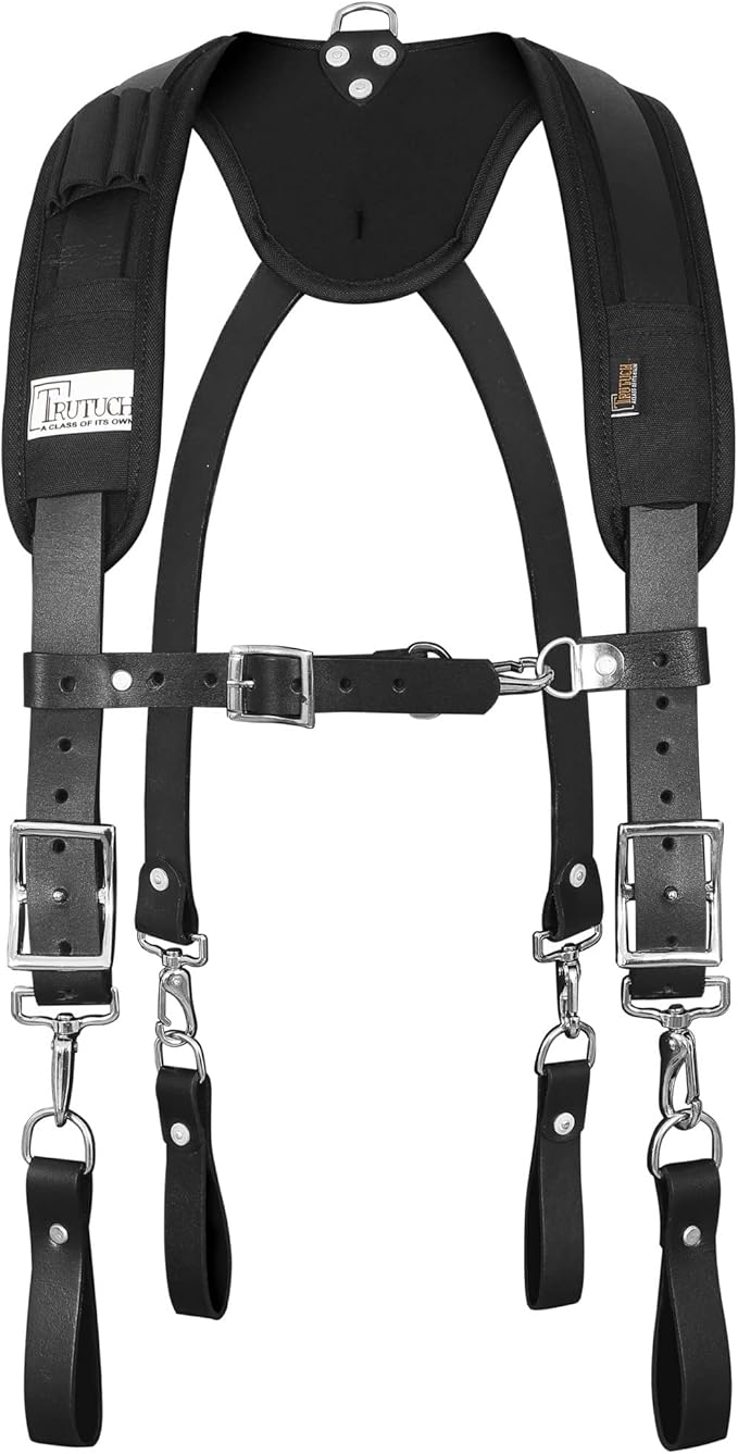 Leather Work Suspenders With Pockets | Fully-Adjustable Padded Leather Tool Belt Suspenders