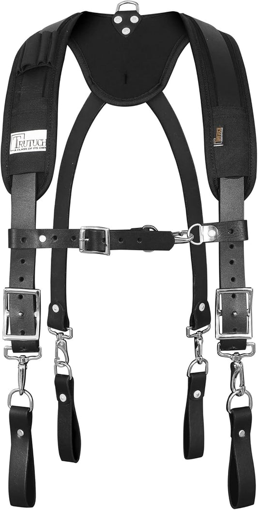 Leather Work Suspenders With Pockets | Fully-Adjustable Padded Leather Tool Belt Suspenders