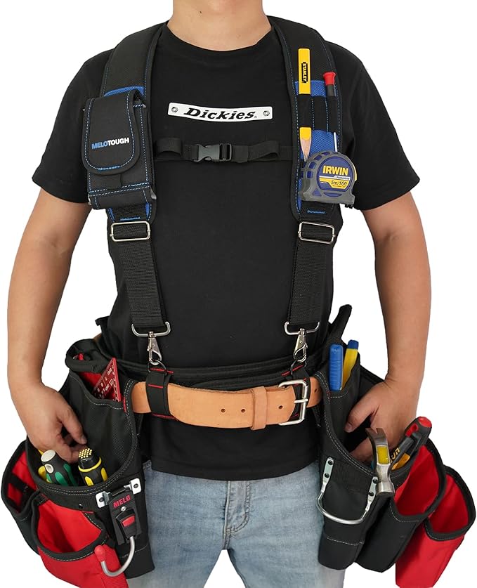 MELOTOUGH Tool Belt Suspenders Construction Work Belt Suspenders with detachable phone holder comfortable foam shoulder padder (Blue)