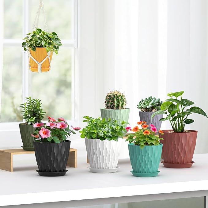 7/6.5/6/5.5/5/4.5/4 inch Plant Pots for Indoor Outdoor Plants, 7 Pack Thick Flower Pots with Drainage Holes and Saucers, Modern Wave Texture Small Plastic Planters Nursery Pots, Blue Green