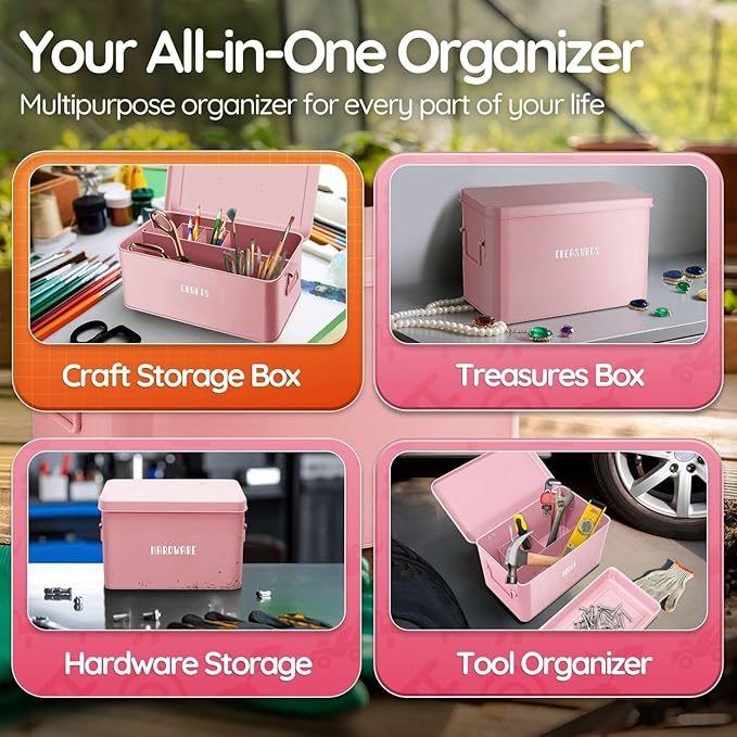 Flexzion Tin Storage Box with Removable Tray, 13 Inch Seed Organizer Box and Metal Seed Holder Organizer with Hinged Lid, Toolbox Container for Crafts, Hardware, Tools, Essentials, Pink