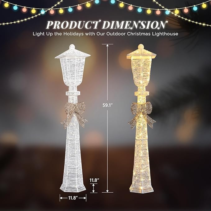 VINGLI 5FT Christmas Street Lamp Post, Lighted Street Light with Bow Outdoor Christmas Decorations, Light up Christmas Decor for Indoor Outdoor Porch Lawn Yard Garden, Snow White
