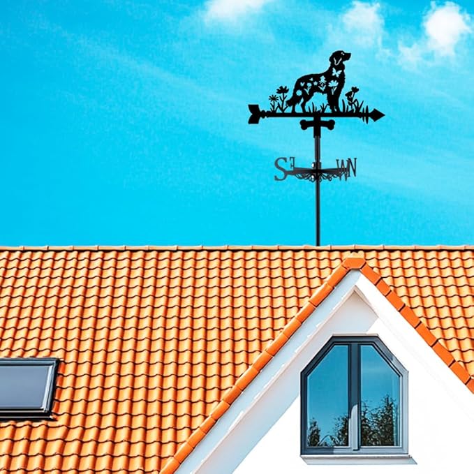 Dog Weathervane Metal Wind Vane Animal Flowers Garden Art Decoration Direction Sign Indicator Stake Mount Ornament for Patio Lawn Farmhouse Yard Roof Outdoor