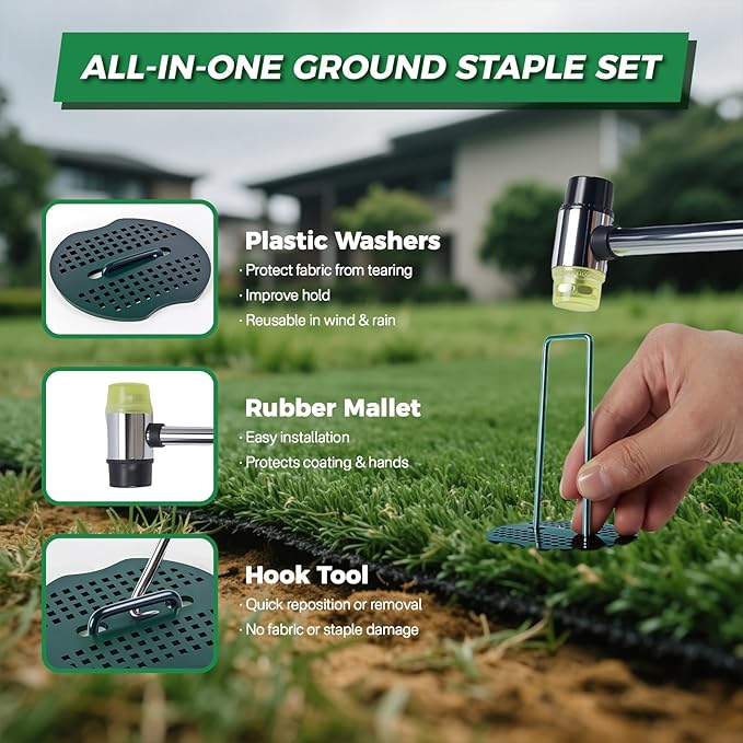 200pcs 6 Inch Green Artificial Turf Stakes Staples+200pcs Washer+Pick Hook+Rubber Mallet,11 Gauge Landscape Staples, Galvanized Lawn Spikes Yard Ground Pin for Artificial Grass Weed Barrier Sod Fabric