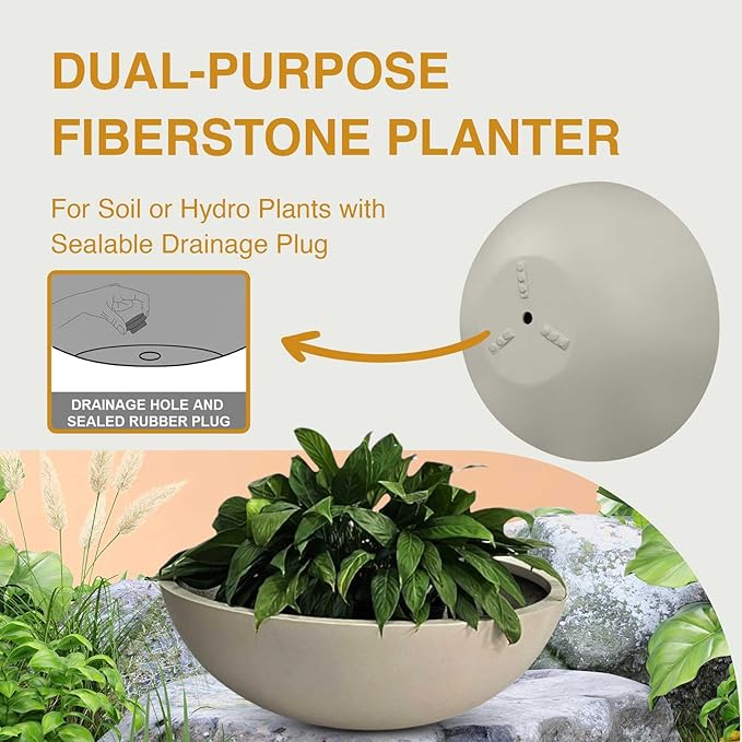7.7"H x 22"D Round Bowl Fiberstone Planter for Succulent and Lotus - Christmas Tree Planter, Weather Resistant for Indoor & Outdoor Use, Included 2 Extra Coco Mats (Taupe, 19.9" Pot Opening)