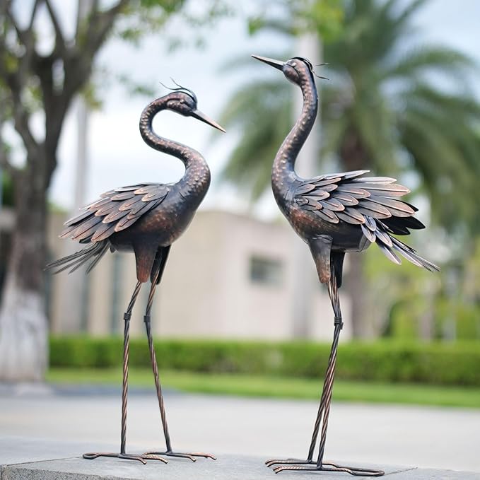 Shorayn Metal Crane Garden Statue, Garden Sculptures & Statues, Bronze Crane Ornaments Yard Art for Backyard Patio Lawn Decorations
