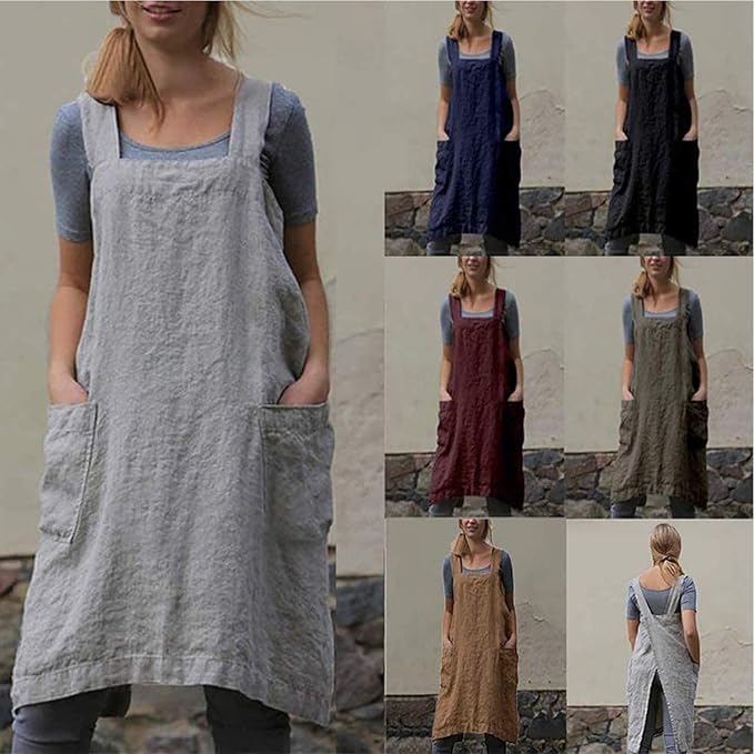 VLZUFE Cotton Linen Apron for womens Cross Back Apron Pinafore Dress for Baking Cooking Gardening Work