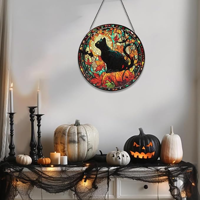 Stained Glass Window Hanging, Halloween Decorations Black Cat Maple Leaf Suncatcher for Doors Garden Indoor Funny Spooky Sun Catchers Gothic Decor for Women, Men, and Mom 8 in