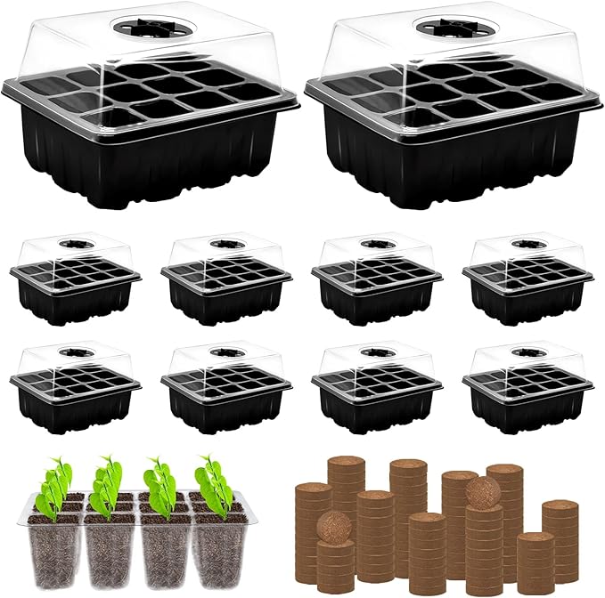ZeeDix 10 Pack Seed Starter Trays Kit with 120 PCS Coco Pellets, Base Tray for Indoor Planting, Mini Greenhouse Germination System for Herbs Vegetables Gardening Supplies(120 Cells Total Tray)