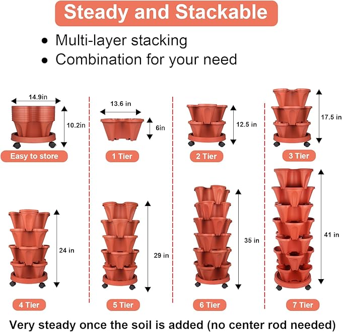 GameXcel Vertical Planter 7 Tier Stackable Planters Garden Planters Strawberry Herb Flower and Vegetable Planter Indoor Outdoor Gardening Pots with Removable Wheels and Tools