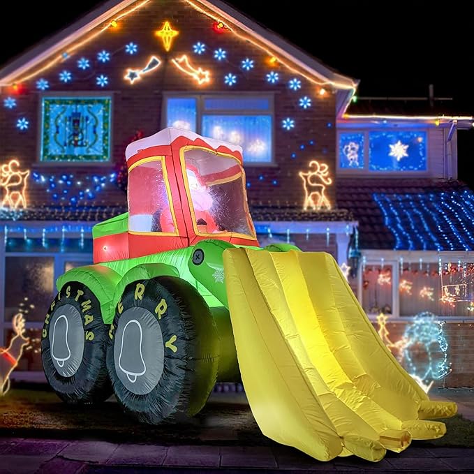 7FT Long Christmas Inflatables Santa Claus Drives Bulldozer, Funny Christmas Blow Ups Construction Vehicle Decoration, Built-in LEDs for Holiday Party Front Garden Lawn Yard Patio Outdoor
