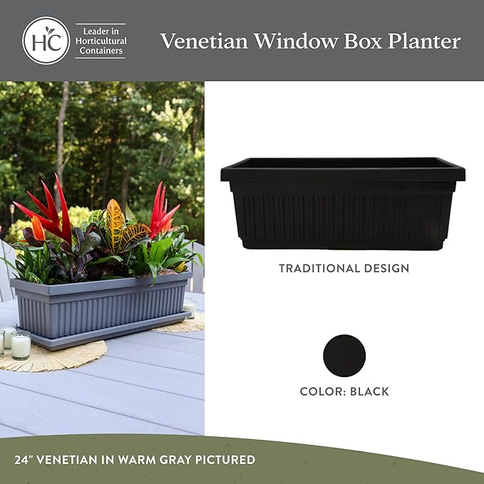 The HC Companies 24 Inch Venetian Window Planter Box with Drainage Plug, Lightweight UV-Resistant Plastic Outdoor Planters, 2-Pack Flower Box for Garden & Home Decor, Black