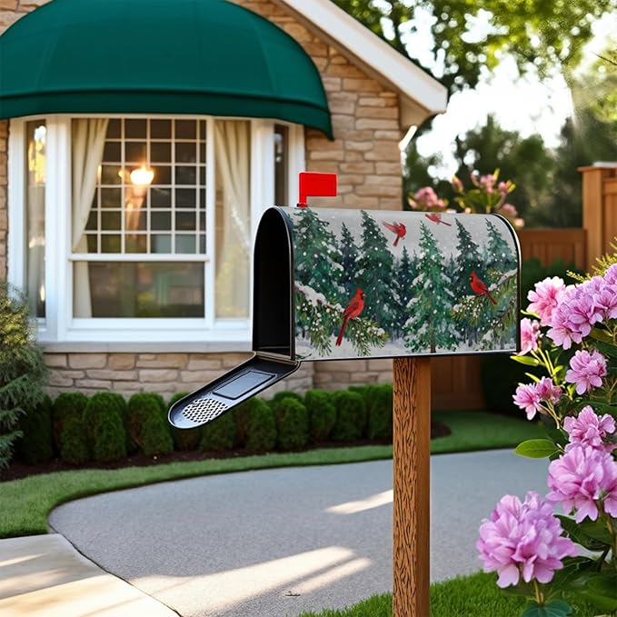 Winter Christmas Mailbox Covers Magnetic Standard Size Snow Scene Theme Green Red Cardinal Xmas Tree Outdoor Decorative Holiday Seasonal Letter Box Cases for Home Garden Outside Decor, 21x18 Inch