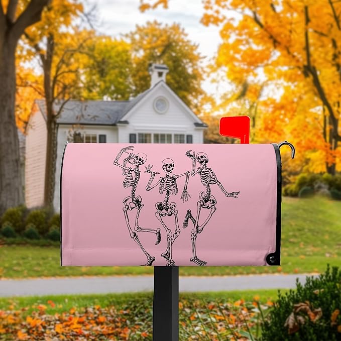 Halloween Skull Mailbox Covers Magnetic Standard Size 21x18 inch Scared Mail Box Cover Pink Mailbox Wraps for Outdoor Garden Decor