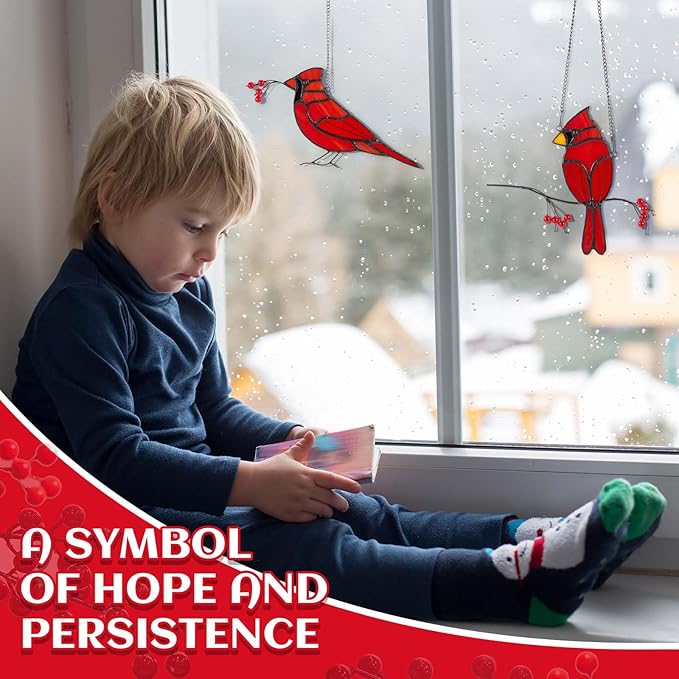 Soaoo 2 Pcs Red Cardinal Gifts for Women Stained Glass Christmas Birds Suncatcher Window Hanging Ornament Loss of Loved One Memorial Gifts for Mom Grandma Nana Housewarming