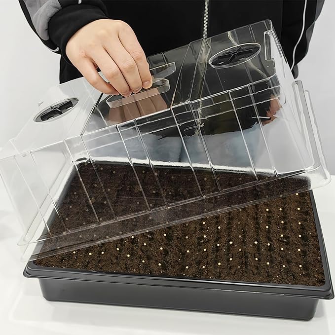4-Pack Seed Starter Trays with 5'' Tall Humidity Domes – Reusable Plant Germination Kit for Microgreens, Herbs & Indoor Gardening | Clear Vented Lids, Fast Seedling Growth & Durable Design